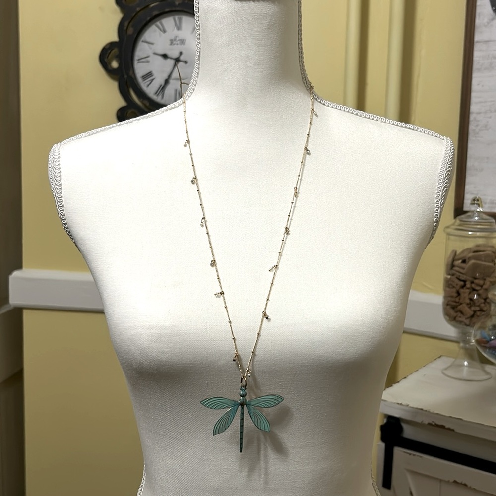 Handmade Gold 28” necklace w/ bead/crystal charms/dragonfly pendant. Nickel free
